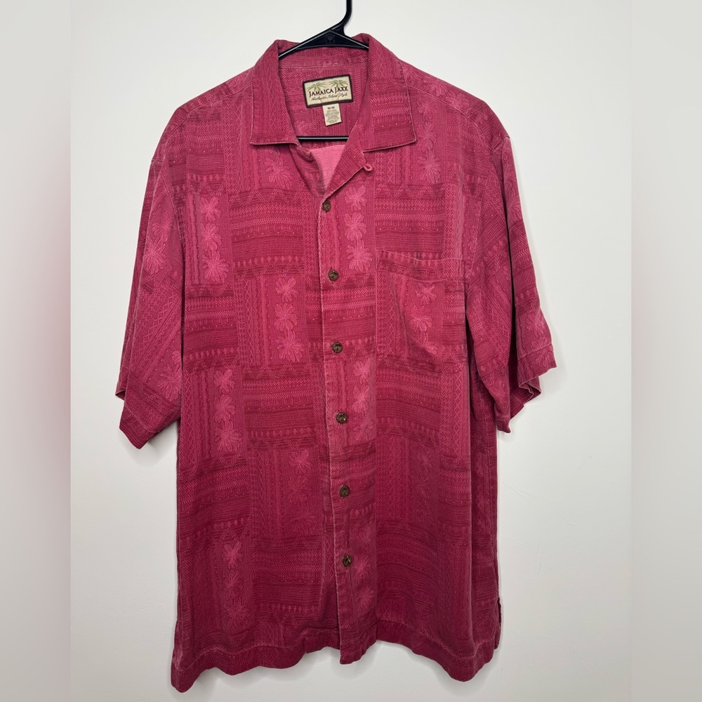 Jamaica Jaxx Silk Hawaiian Shirt Mens Medium Pink Jacquard Tropical Camp Shirt